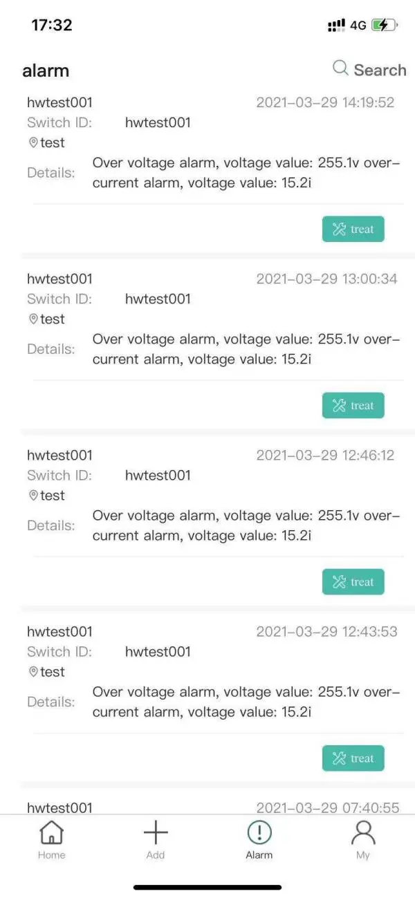 Application mobile du système de gestion de l'énergie IoT dans la page de rapport d'alarme