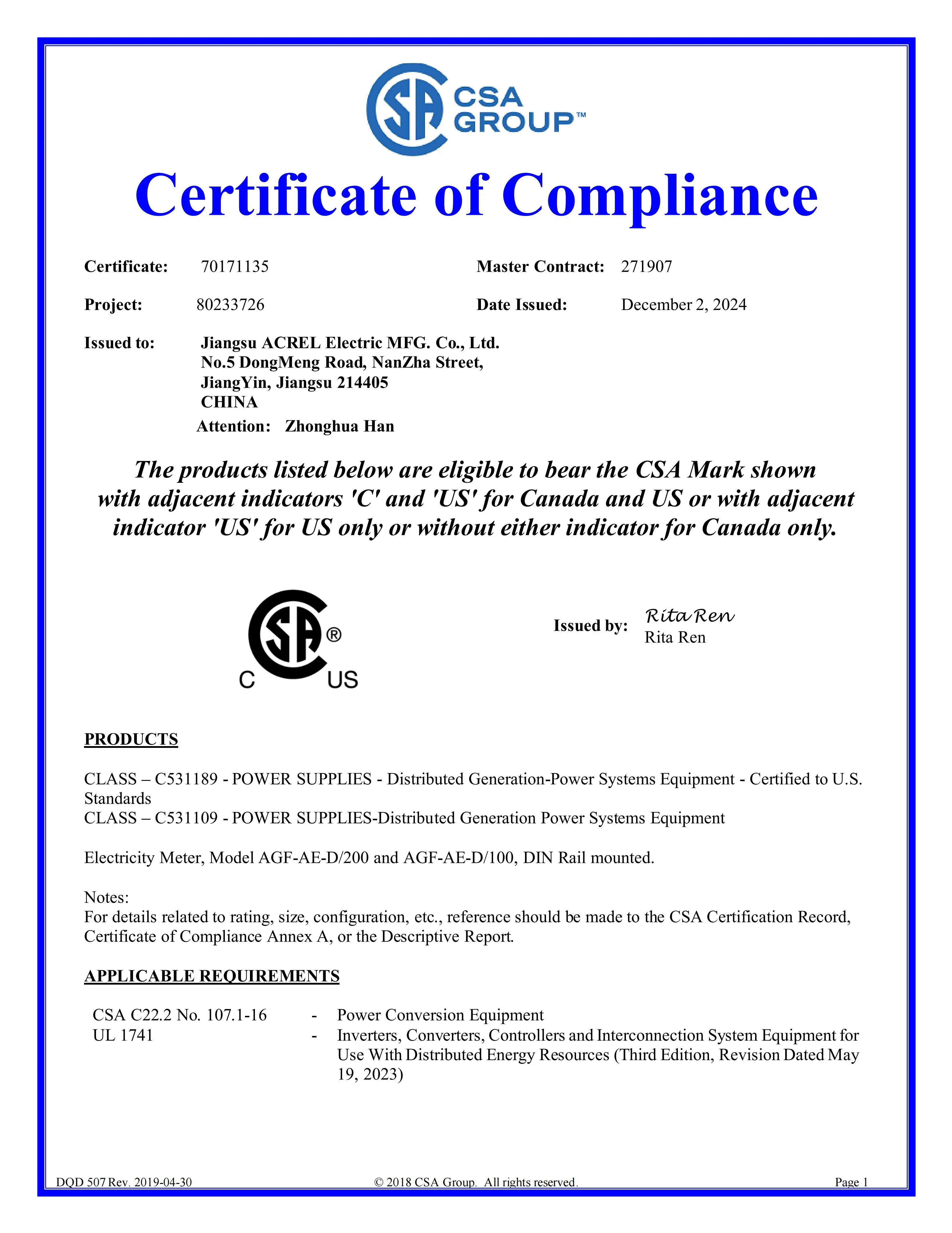 两相交流表 AGF-AE-D CSA UL 证书 80233726_CofC_01.jpg