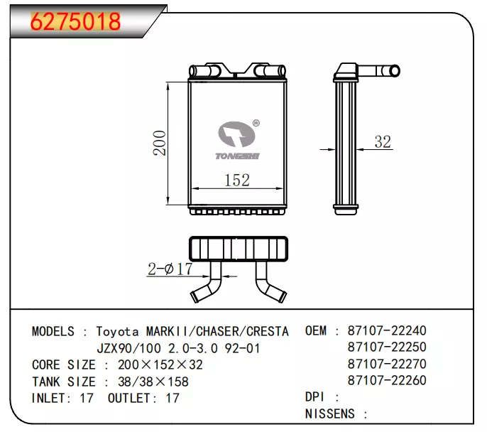 HEATER FOR Toyota MARKII/CHASER/CRESTA JZX90/100 2.0-3.0 92-01--