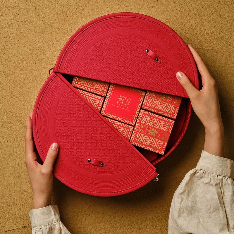 Red Round Mooncake Box with Full-Page Embossing-SANJIANG