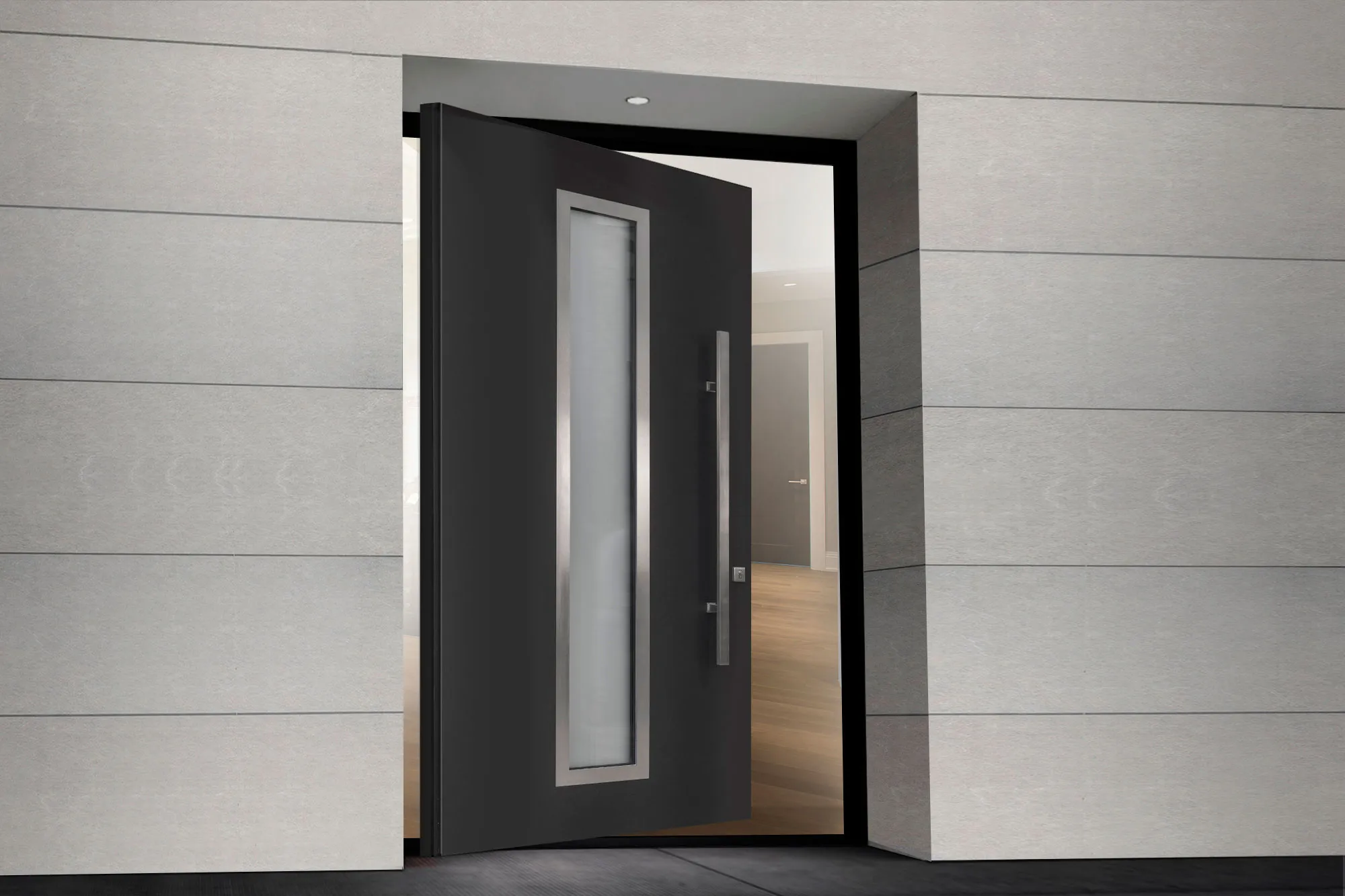 Puerta pivotante moderna de metal para entrada con parte de vidrio.jpg