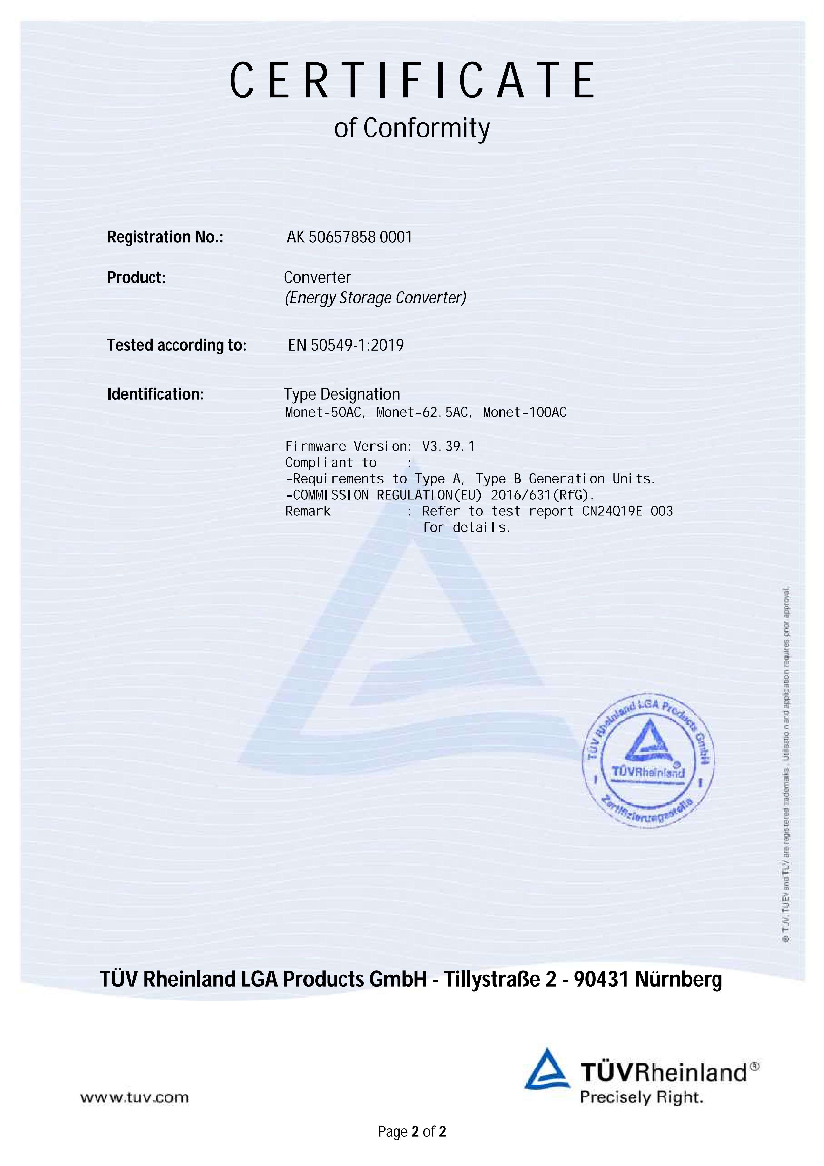 Elecod _ أوروبا _ 50kW نظام تحويل الطاقة _ شهادة _ EN 50549 _ 01