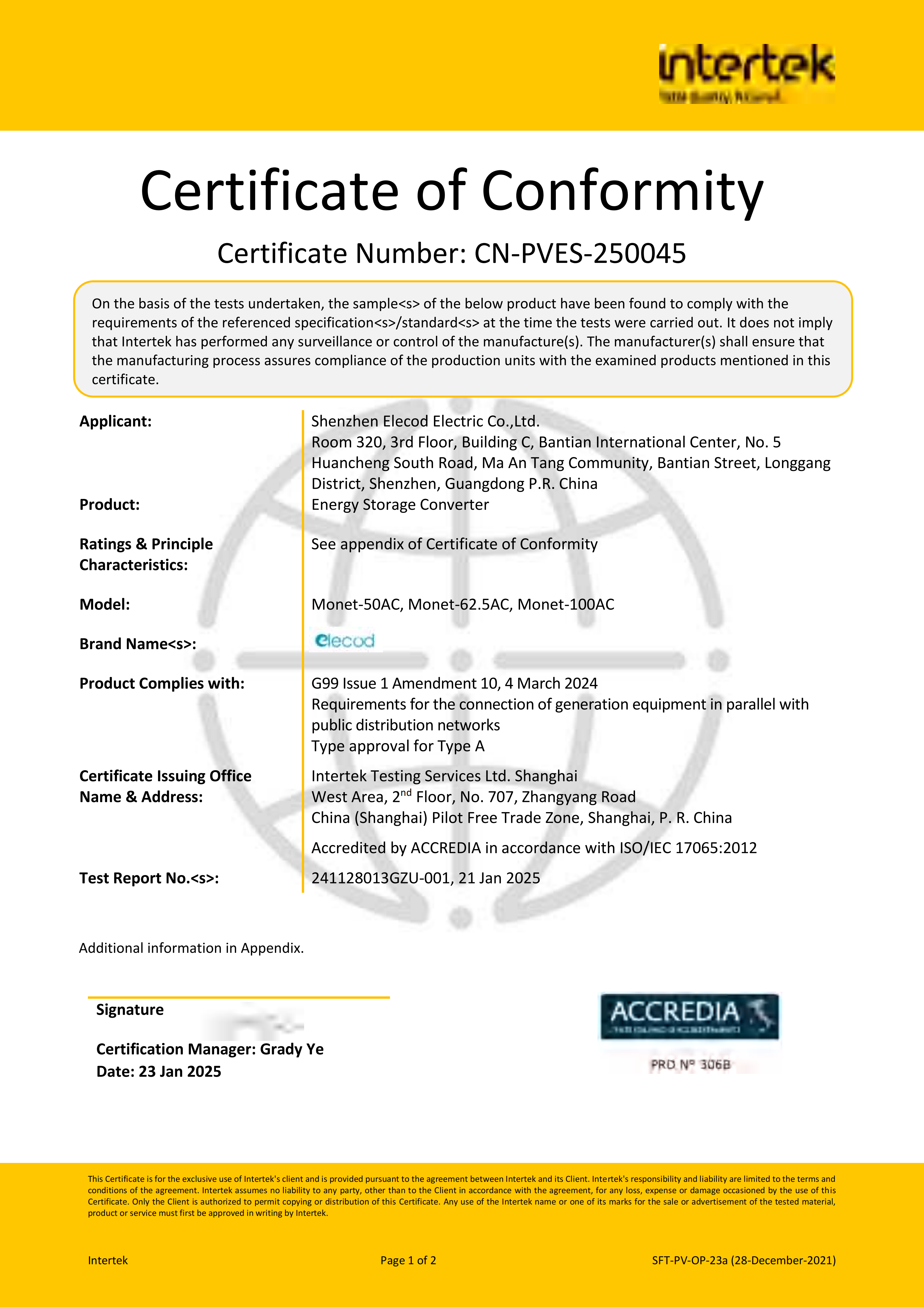 Elecod _ إنجلترا _ شهادة _ G99 _ 01