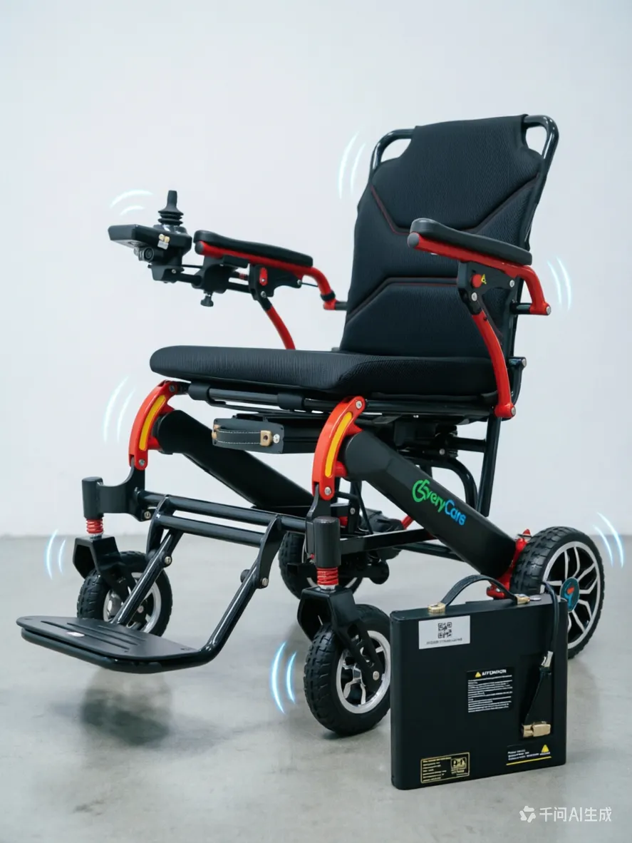 Yutong-Everycare lithium-ion battery is lightweight, detachable and airline approved. It endows Yutong-Everycare power electric wheelchair with long-time driving distance per charge, light weight and approvel from airline (288wh). 288wh lithium ion battery makes the yutong-everycare electric wheelchair airline approved and at the same time, the wheelchair can has a reliable driving mileage per charge. Real world mileage test of Yutong-Everycare power electric wheelchair. Battery powered wheelchair. lithium-ion battery. A high-quality, professional product shot of an EveryCare electric wheelchair with a detachable battery pack placed beside it. The wheelchair features a black fabric seat and backrest with red metal frame accents, ergonomic armrests with control joysticks, and four pneumatic tires for stability and mobility. The battery is a black, portable unit with safety labels and a QR code, emphasizing long driving distance per charge and reliability. The background is a clean, industrial-style gray space with subtle blue wave animations around the wheels and controls, symbolizing smooth operation, intelligent technology, and safe, dependable performance of the Everycare Power Electric Wheelchair.
