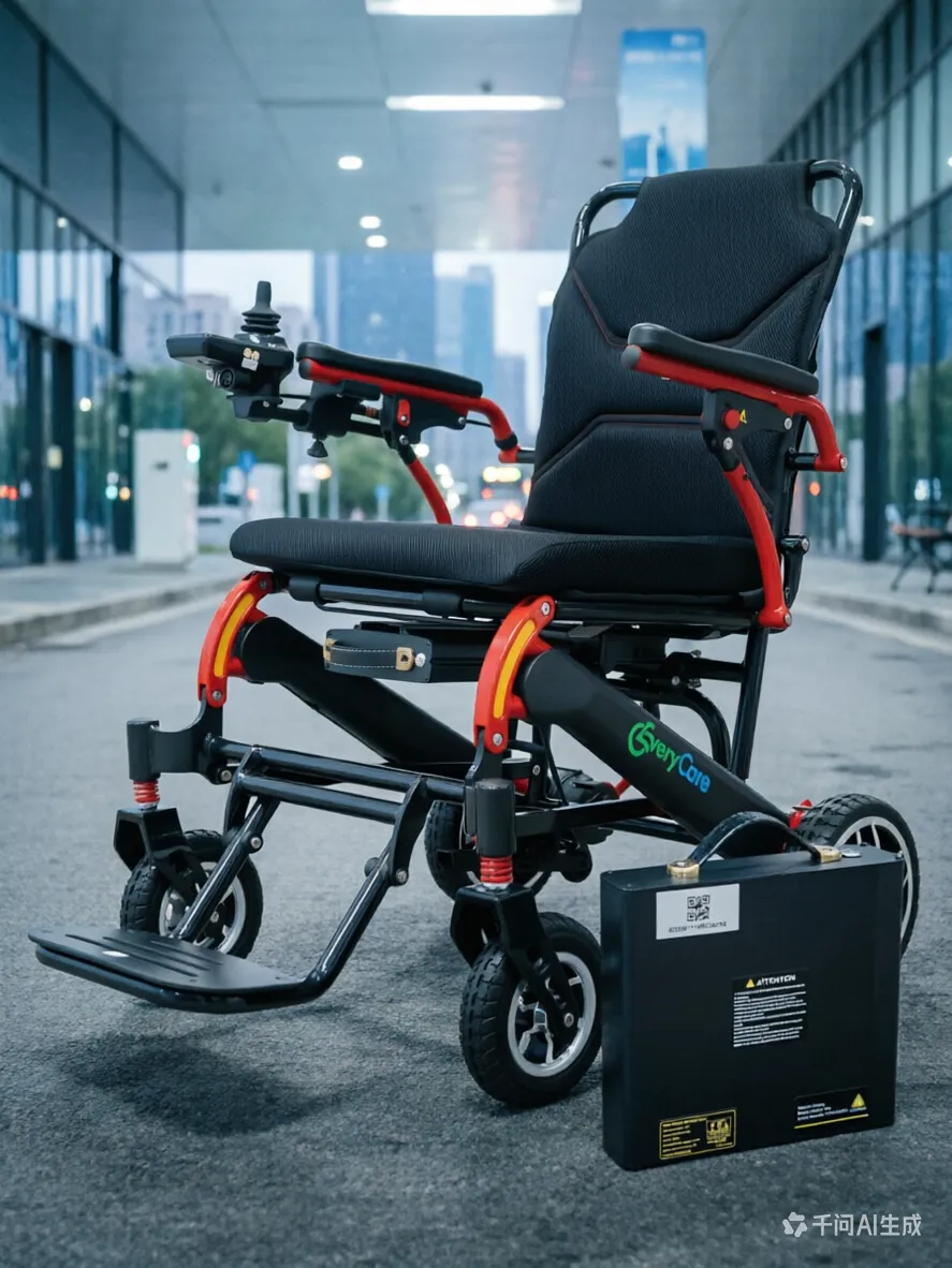 A high-quality, professional product shot of an EveryCare electric wheelchair with its detachable battery pack placed beside it on an urban street. The wheelchair features a black fabric seat and backrest with red metal frame accents, ergonomic armrests with control joysticks, and four pneumatic tires for stability and mobility. The battery is a black, portable unit with safety labels and a QR code, emphasizing long mileage and reliability. The wheelchair and battery symbolize smooth operation, intelligent technology, and safe, dependable performance. The 288wh lithium-ion battery is airline approved. Real world mileage test of the battery performance of Yutong-Everycare. You trust our data of the lithium-ion battery driving distance per charge.