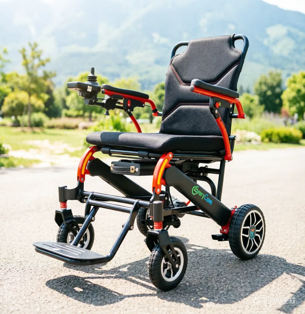 A modern motorized wheelchair with a sleek black frame and vibrant red accents is positioned on a paved outdoor path. The wheelchair features a comfortable, cushioned black seat and backrest, with a joystick control mounted on the left armrest for easy maneuvering. The large rear wheels and smaller front casters are designed for stability and smooth navigation. The brand name "EveryCare" is visible on the side of the chair. In the background, there is a scenic view of green trees and distant mountains under a bright, clear sky, suggesting an environment of freedom and accessibility. The overall image conveys a sense of mobility, comfort, and connection with nature.electric wheelchairs, power wheelchair, power electric wheelchair, powered wheelchair, electric power wheelchair, power chair, electric powerchair, motorized wheelchair, electrically powered wheelchair, battery operated wheelchair, battery powered wheelchairs, electric disabled chair, electric mobile wheelchair, electric mobility wheelchairs, electric motorized wheelchair, electric power wheelchair, electric powered wheelchair, electrical wheelchair, electronic wheelchair, mechanised wheelchair, mobility electric wheelchairs, motor wheelchair, motorised wheelchairs, power electric wheelchair, rechargeable wheelchair, wheel chair electric, wheel chair with battery, wheelchair battery operated, wheelchair electric, wheelchair motorized, wheelchair with battery, power mobility device, electric mobility aid, electric mobility aids, mobility devices, PMD, mobility assistive equipment, MAE,