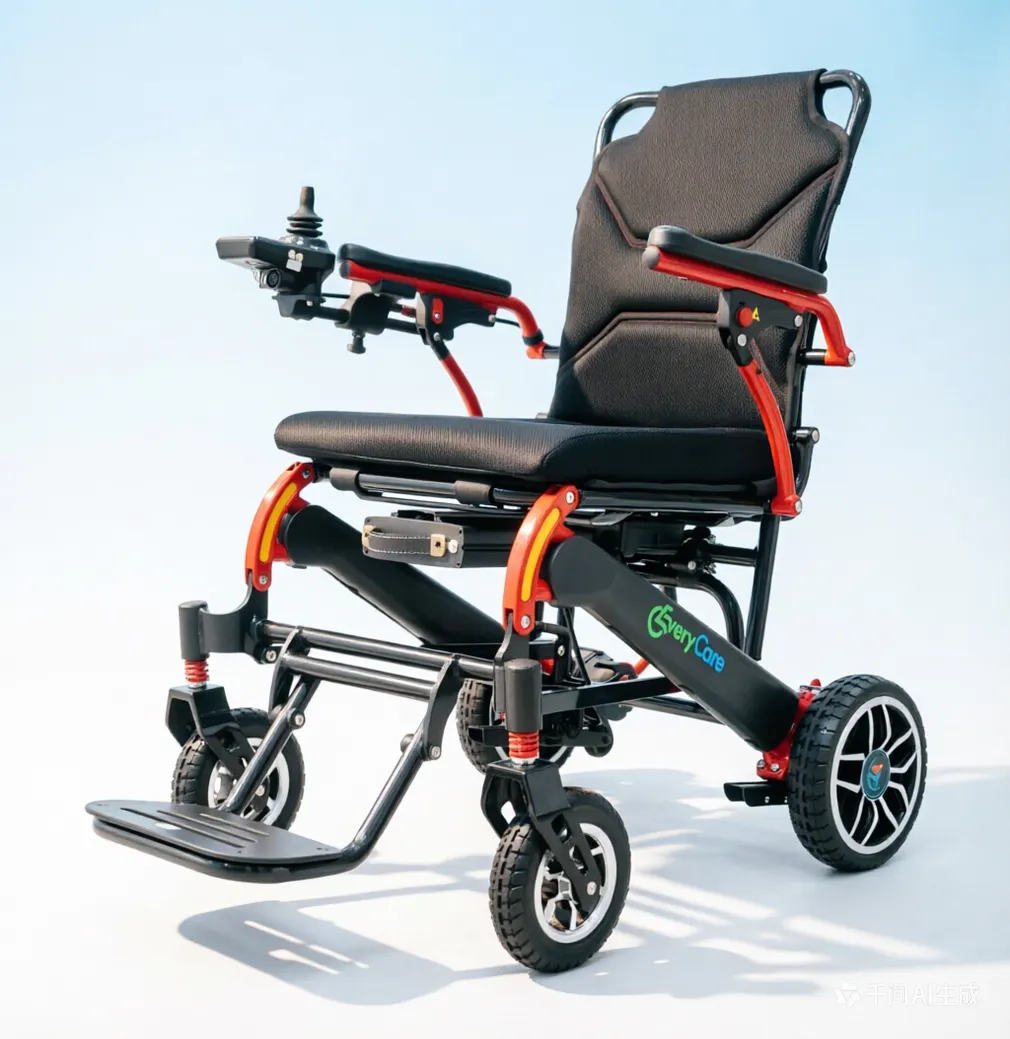 An electric wheelchair with a sleek black frame and vibrant red accents is displayed against a clean, bright white background. The wheelchair features a comfortable, cushioned black seat and backrest, with a joystick control mounted on the left armrest for easy maneuvering. The large rear wheels and smaller front casters are designed for stability and smooth navigation. The brand name "EveryCare" is visible on the side of the chair. The overall image conveys a sense of mobility, comfort, and modern design, suitable for elderly or disabled individuals seeking independence and ease of use. electric wheelchairs, power wheelchair, power electric wheelchair, powered wheelchair, electric power wheelchair, power chair, electric powerchair, motorized wheelchair, electrically powered wheelchair, battery operated wheelchair, battery powered wheelchairs, electric disabled chair, electric mobile wheelchair, electric mobility wheelchairs, electric motorized wheelchair, electric power wheelchair, electric powered wheelchair, electrical wheelchair, electronic wheelchair, mechanised wheelchair, mobility electric wheelchairs, motor wheelchair, motorised wheelchairs, power electric wheelchair, rechargeable wheelchair, wheel chair electric, wheel chair with battery, wheelchair battery operated, wheelchair electric, wheelchair motorized, wheelchair with battery, power mobility device, electric mobility aid, electric mobility aids, mobility devices, PMD, mobility assistive equipment, MAE,