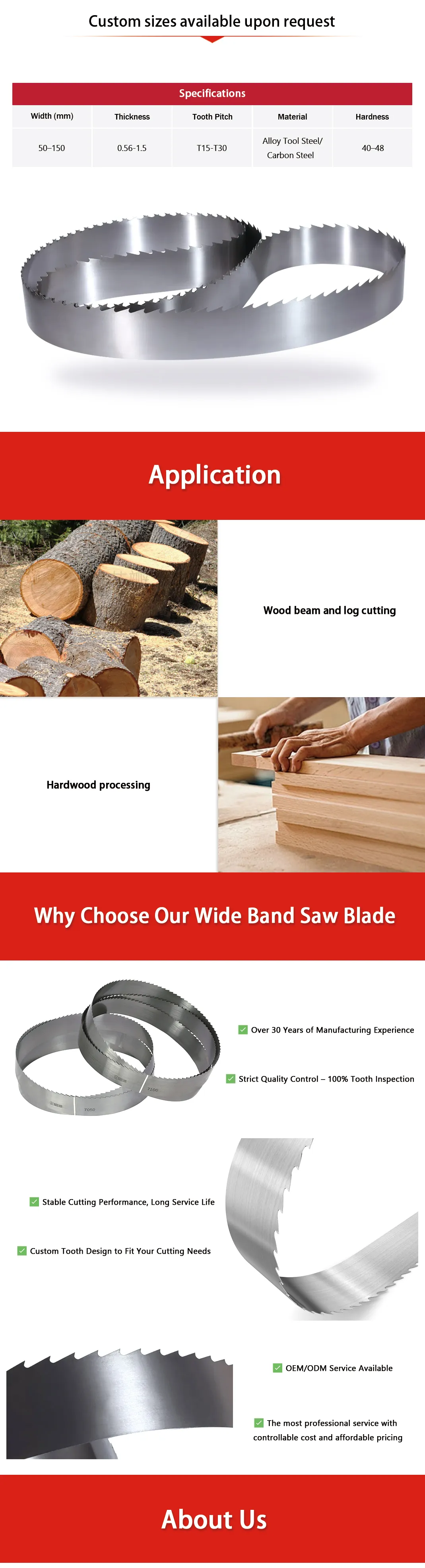 This is the size of the woodworking band saw blade, along with its application scenarios and advantages diagram.