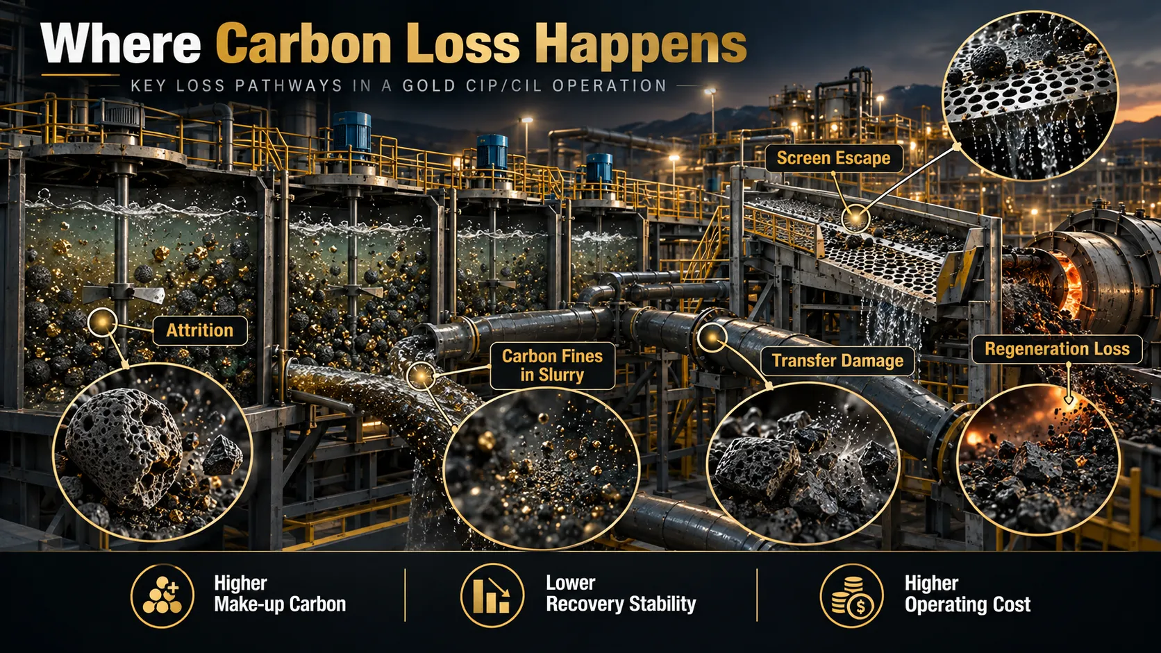 Common carbon-loss pathways in gold-recovery circuits.