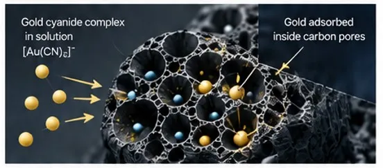 Gold-cyanide adsorption inside activated carbon pores.