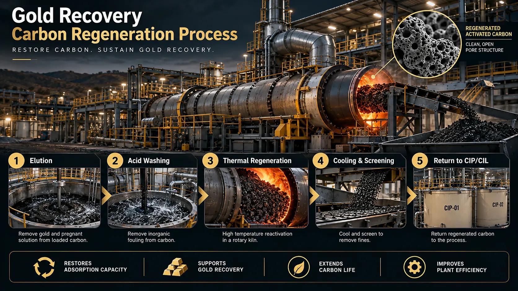 Typical carbon regeneration sequence in gold recovery.