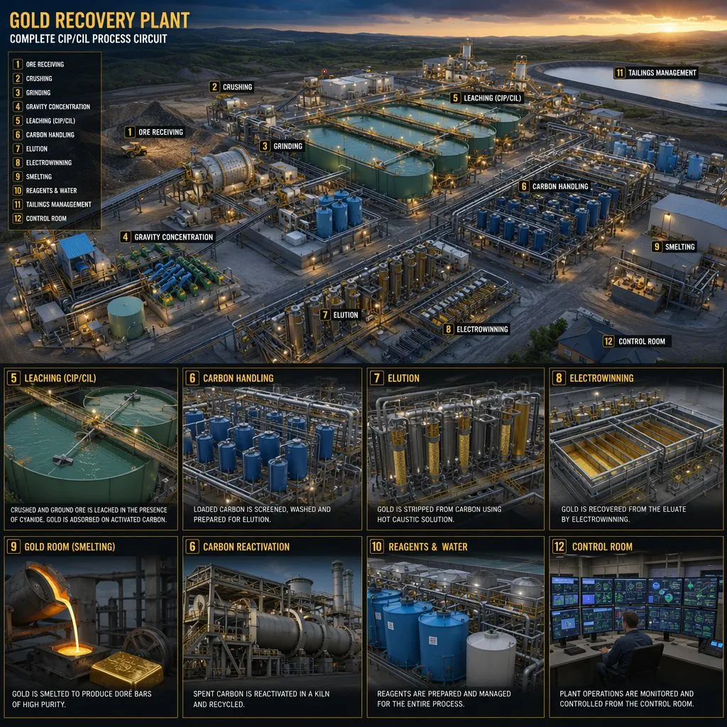 Complete gold recovery plant with CIP/CIL carbon adsorption circuit, elution columns, and gold room.