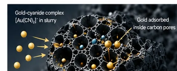 Gold-cyanide adsorption on activated carbon.