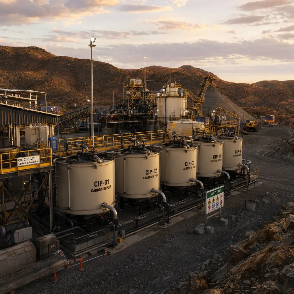 Industrial visualization of a startup-scale CIP/CIL gold recovery plant with multi-stage carbon adsorption circuit.