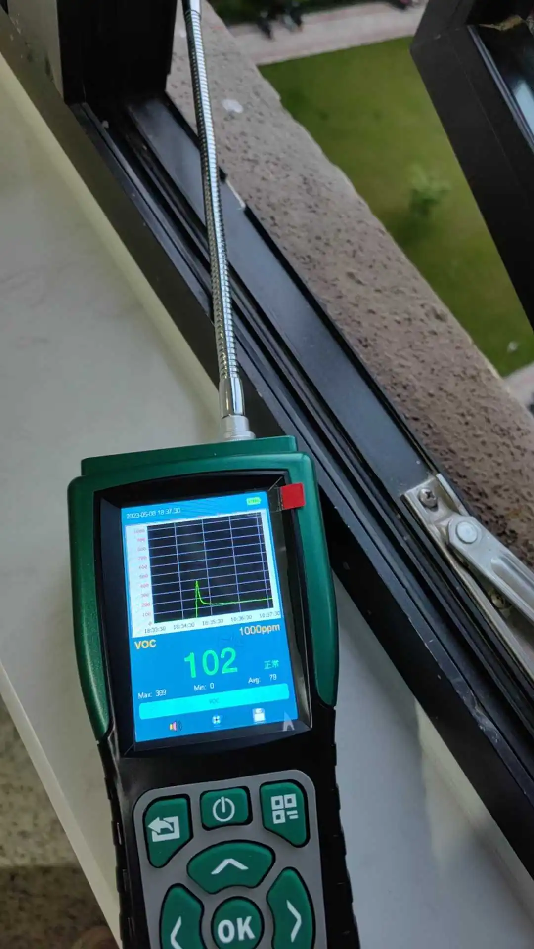 Skyeaglee Portable VOC Gas Detector on Factory Window Sill