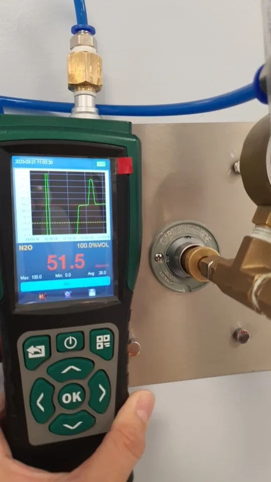 Portable N2O gas detector performing on-site concentration test on Australian standard medical gas terminal