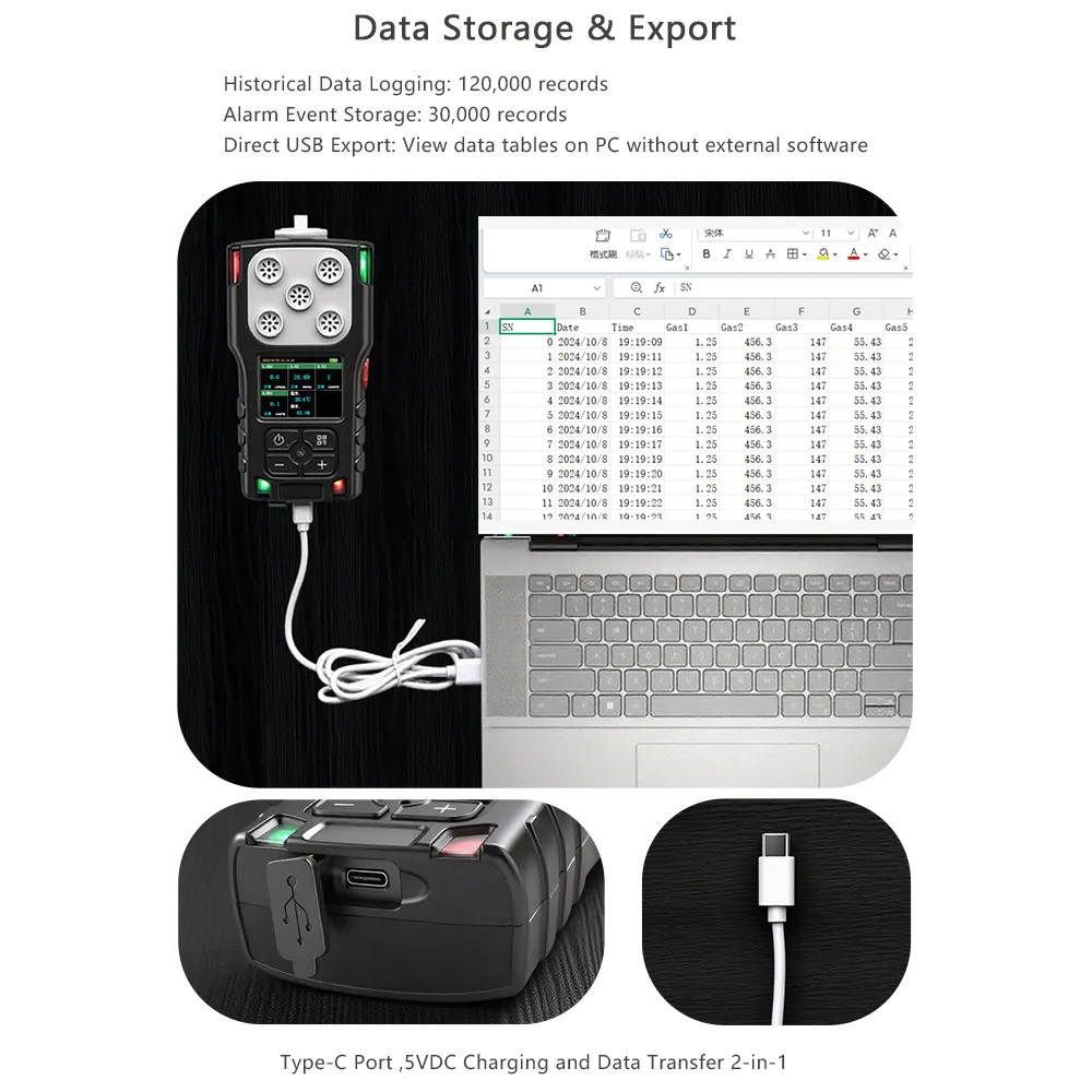 Gas Detector USB Type-C Data Export