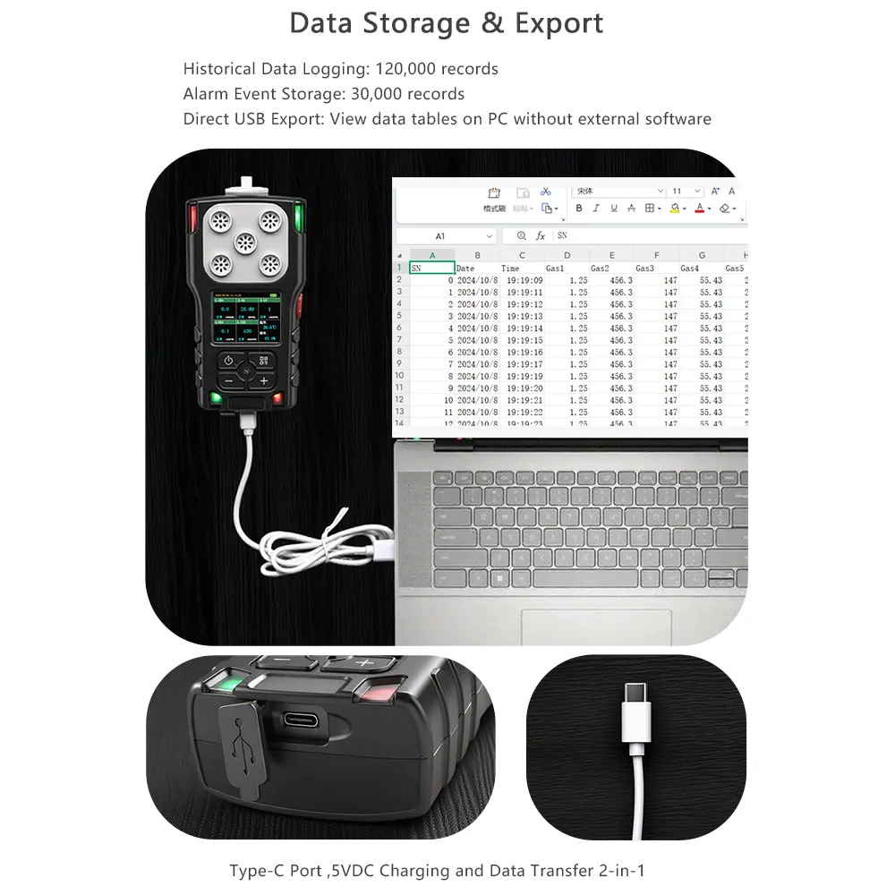 Portable Gas Detector USB Data Storage Export
