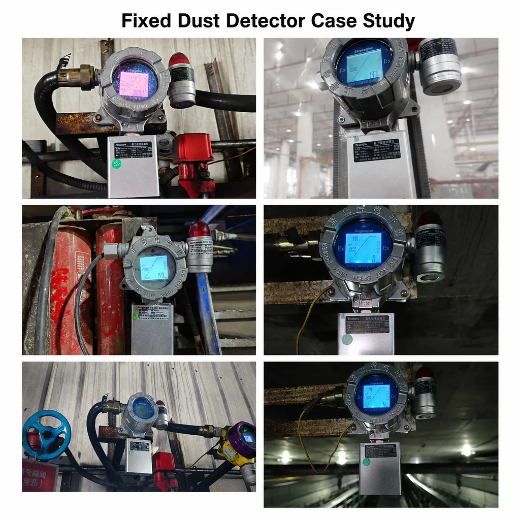 Various industrial installation case studies of the Skyeaglee fixed dust detector in factories and pipelines