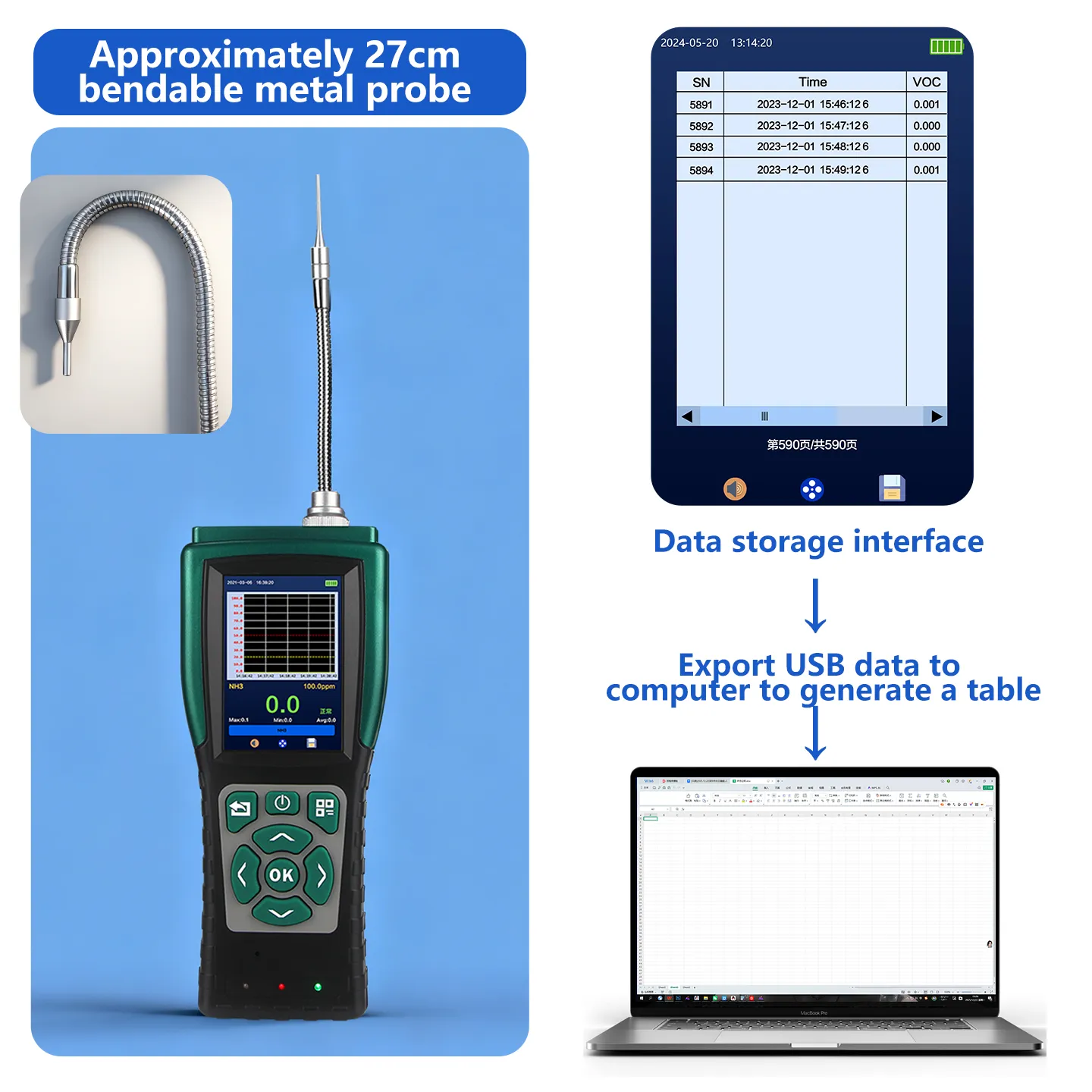 CO gas detector 27cm bendable metal probe USB data storage export