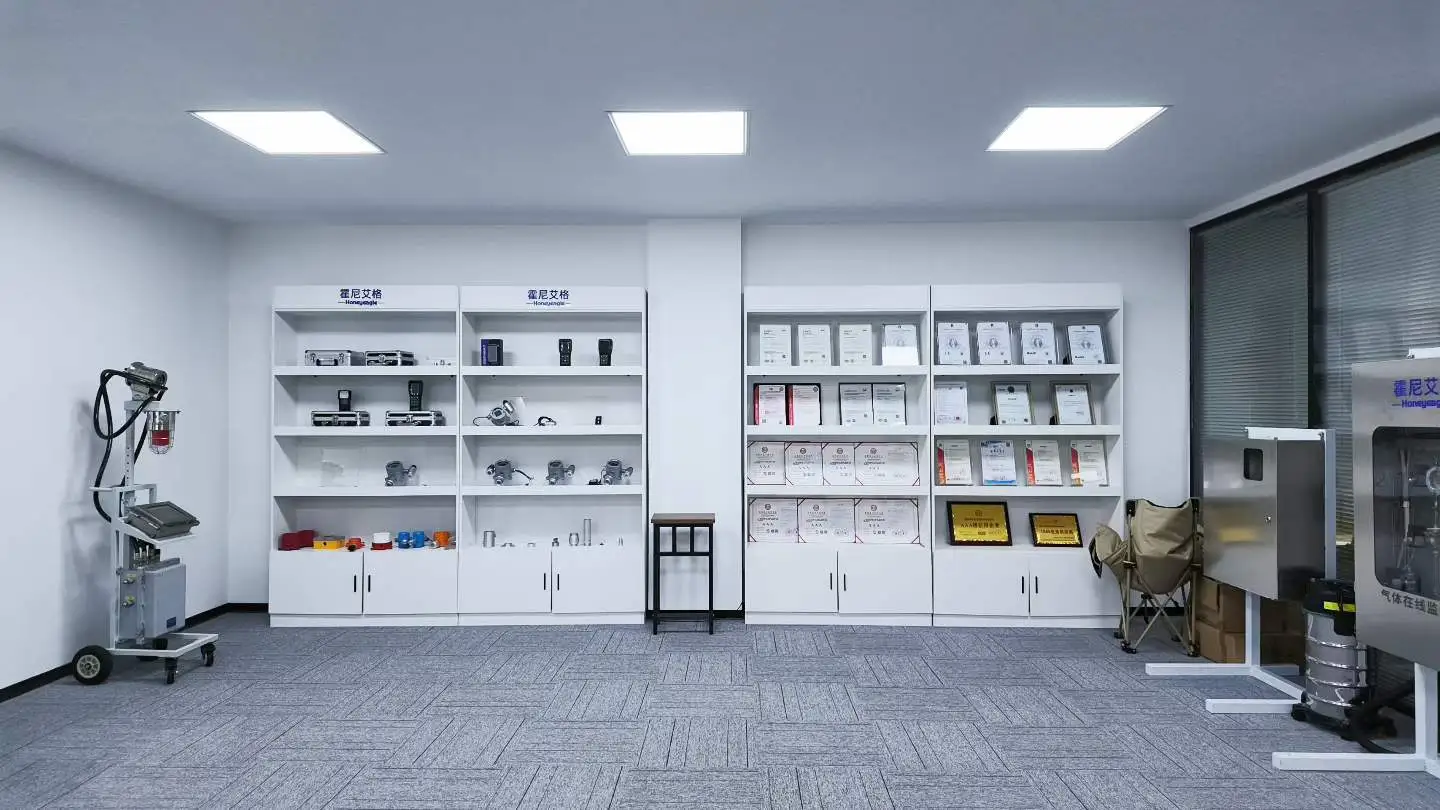 Skyeaglee factory showroom displaying the full range of gas detectors and company qualification certificates