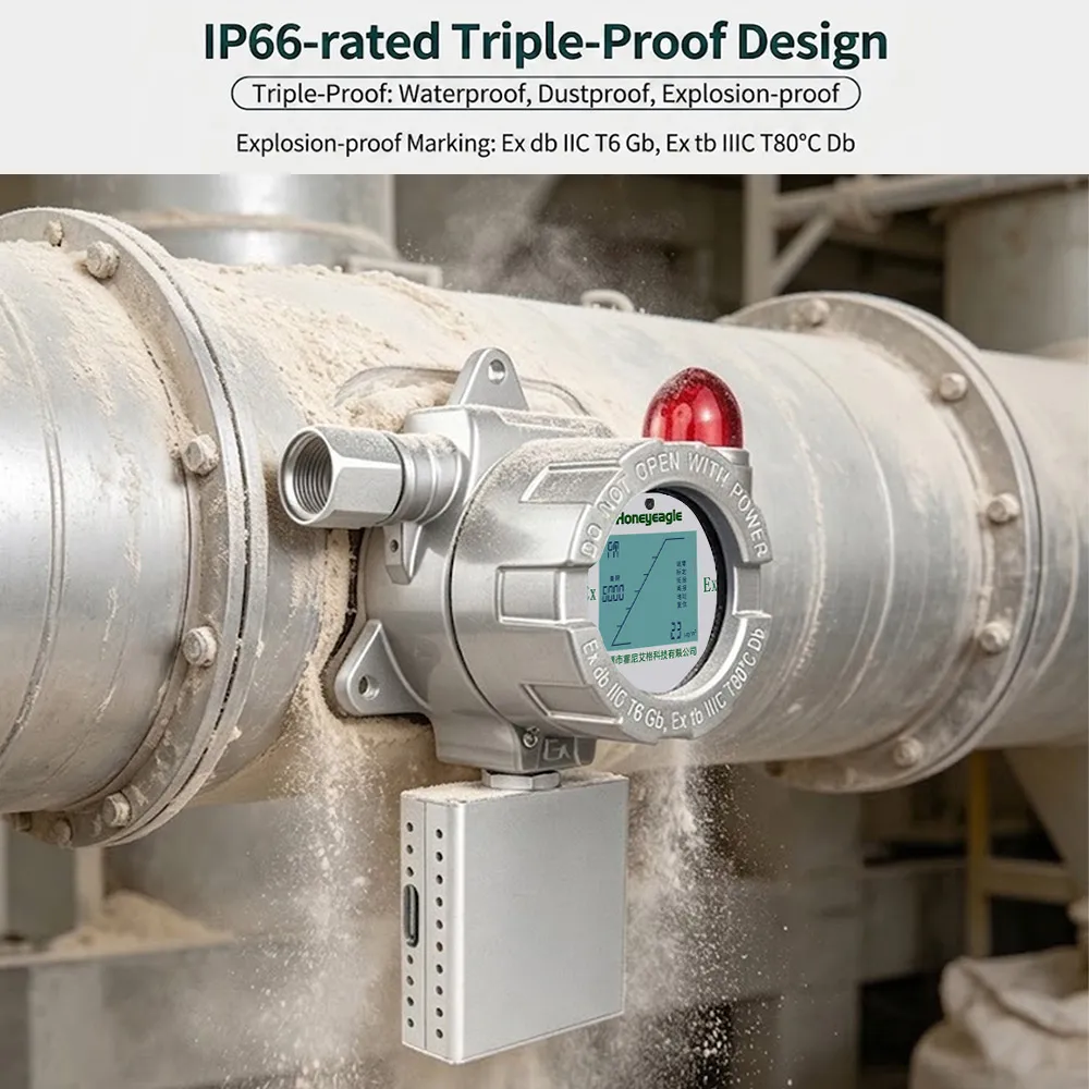 IP66 rated triple-proof fixed dust monitor installed on an industrial pipe