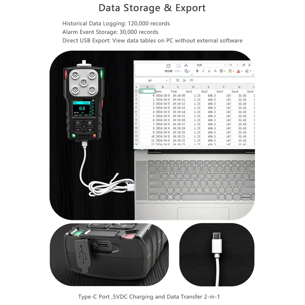 Type-C dual-use charging data export HNAG920-CH3Br methyl bromide gas detector data logging screen