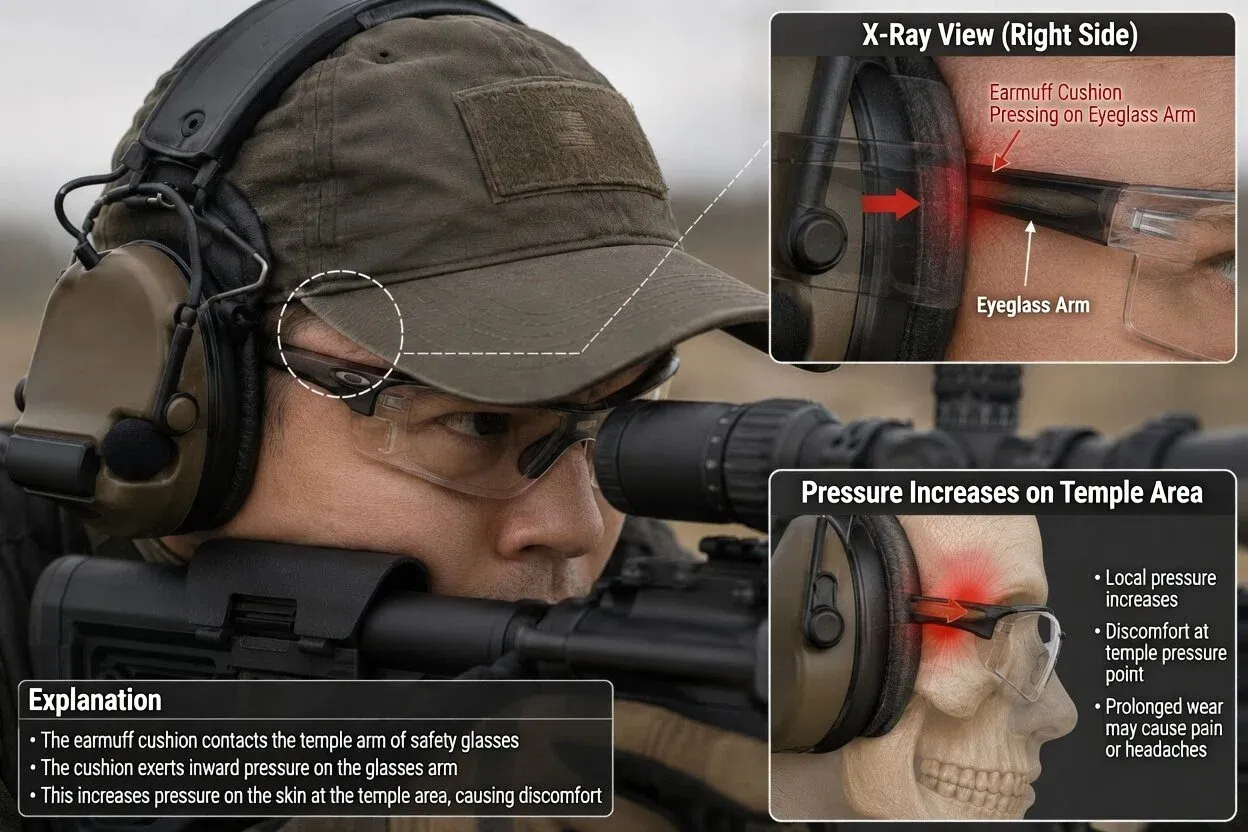diagram of glasses temple crossing ear muff seal creating a gap