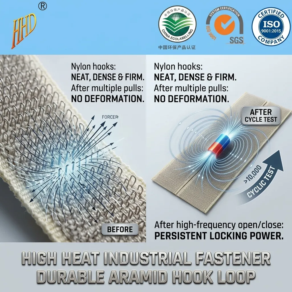 Nomex Type Aramid Flame Retardant Hook and Loop Fastener Manufacturer | 300°C Heat Resistant Stainless Steel Hook Tape for Aerospace and Safety Applications